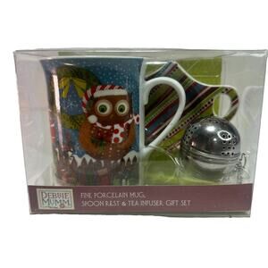 Debbie Mumm Christmas Owl Mug Gift Set with Spoon Rest & Tea Infuser